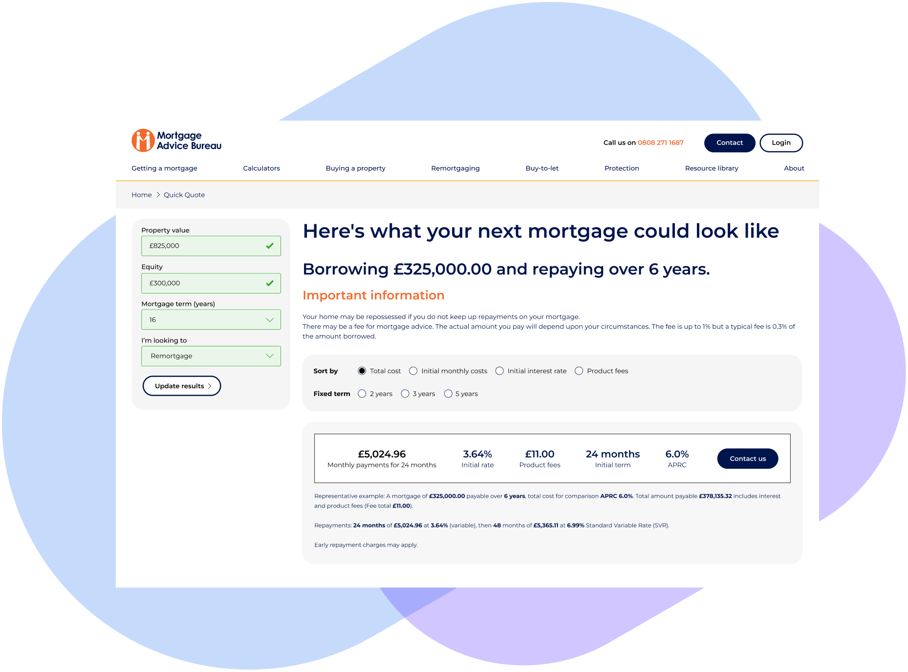 Mortgage Advice Bureau results UI design